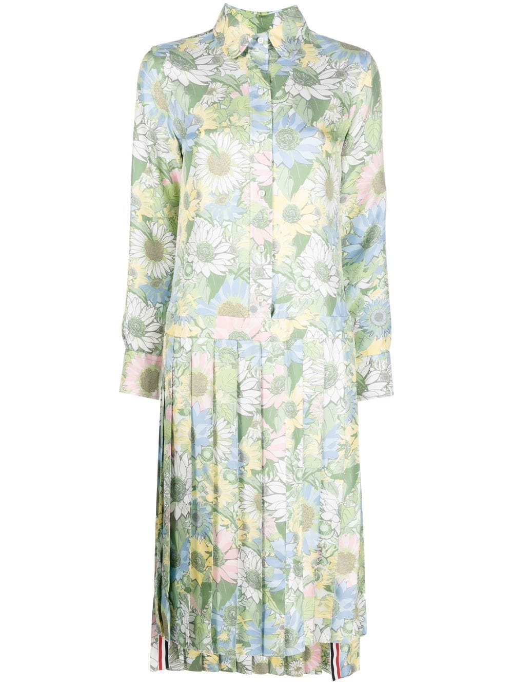 Thom Browne Pleated Floral-print Shirt Dress In Green