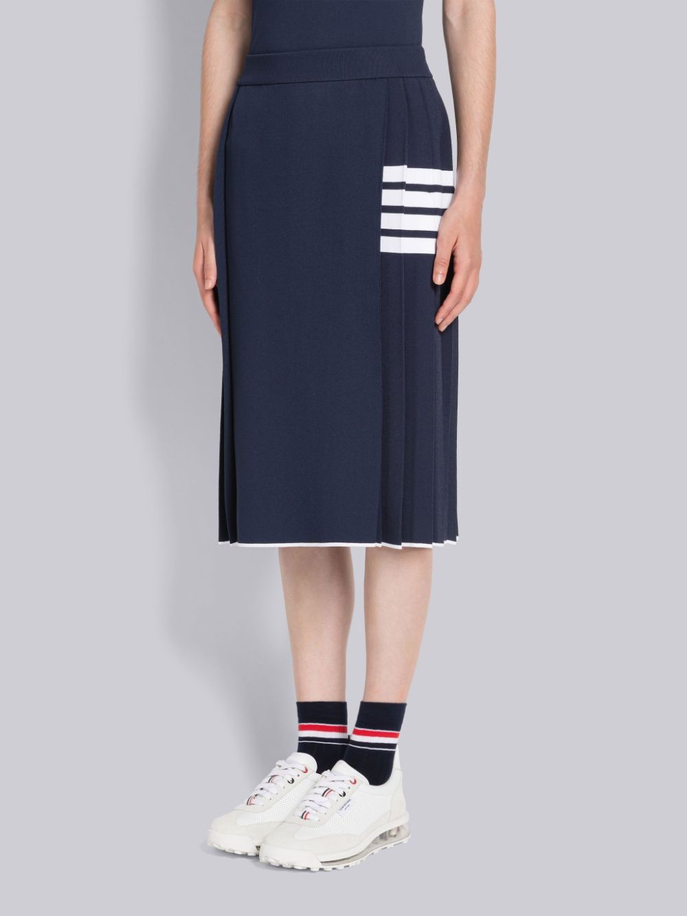 THOM BROWNE VISCOSE TIPPING PLEATED 4-BAR BELOW THE KNEE WRAP SKIRT