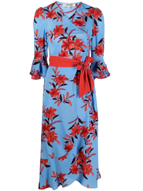Vestido Cruzado Floral Diane Von Furstenberg En Seda Naranja 