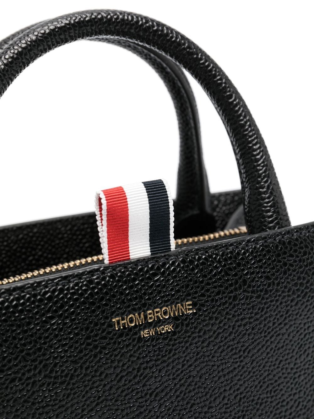 Shop Thom Browne Logo Print Grained Leather Tote Bag In Black