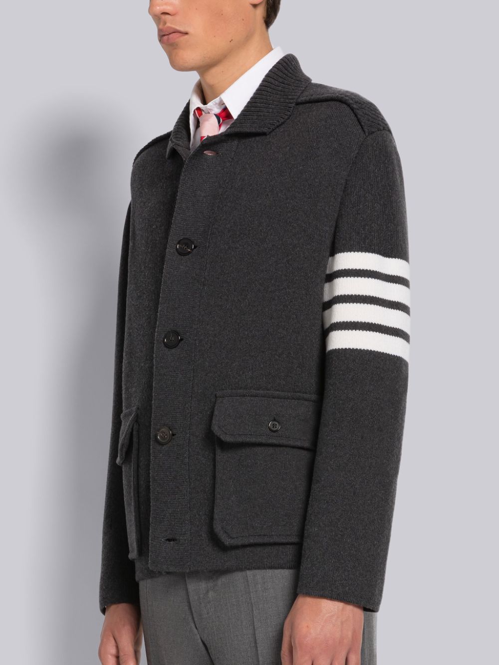 Thom Browne Cotton Cashmere Interlock 4-bar Polo Collar Jacket In Grey