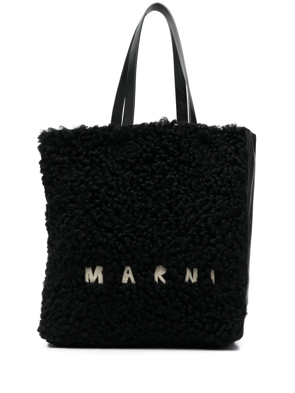 

Marni logo-embroidered shearling tote bag - Black