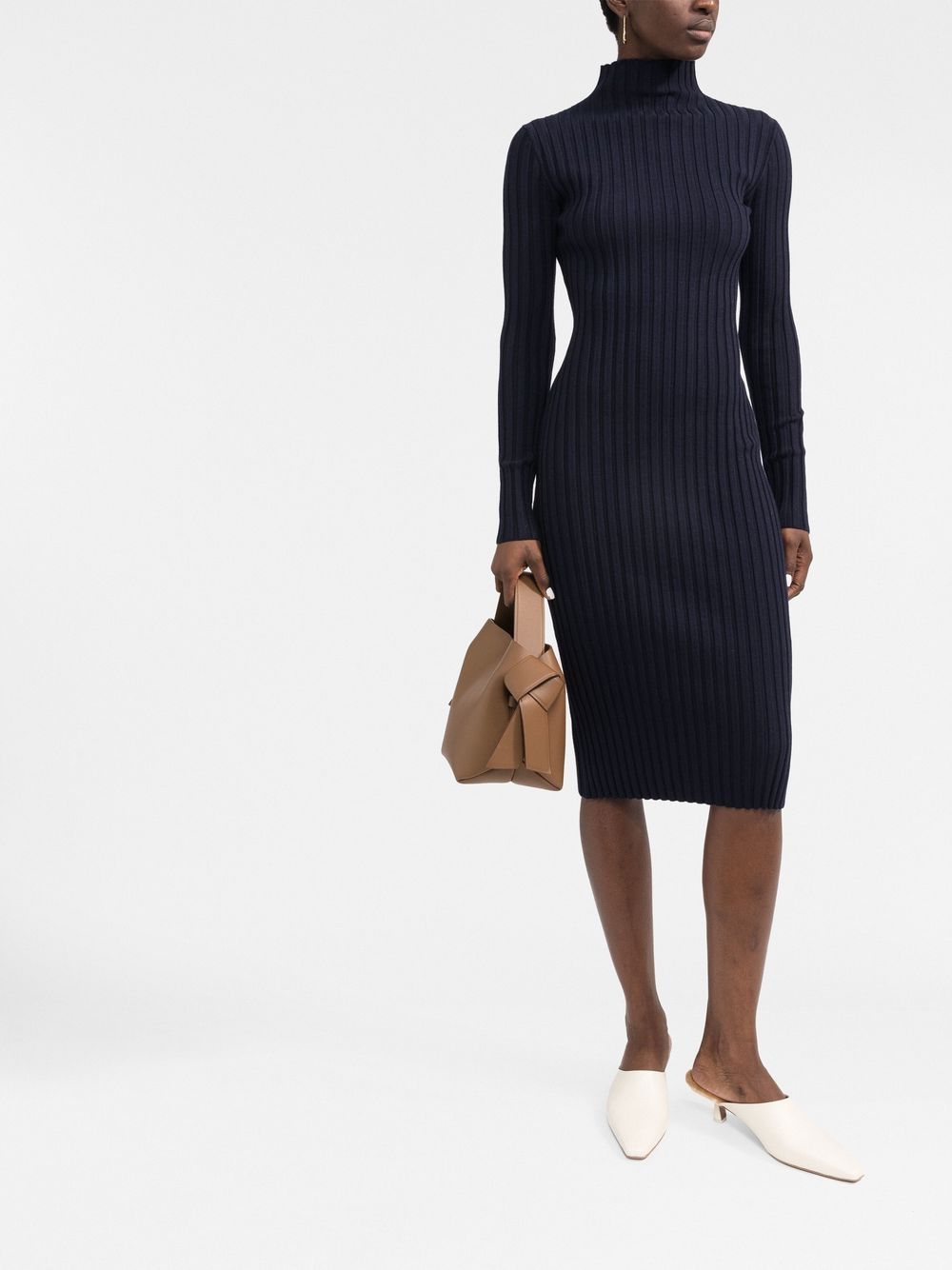 Shop There Was One Mock-neck Ribbed-knit Dress In Blue