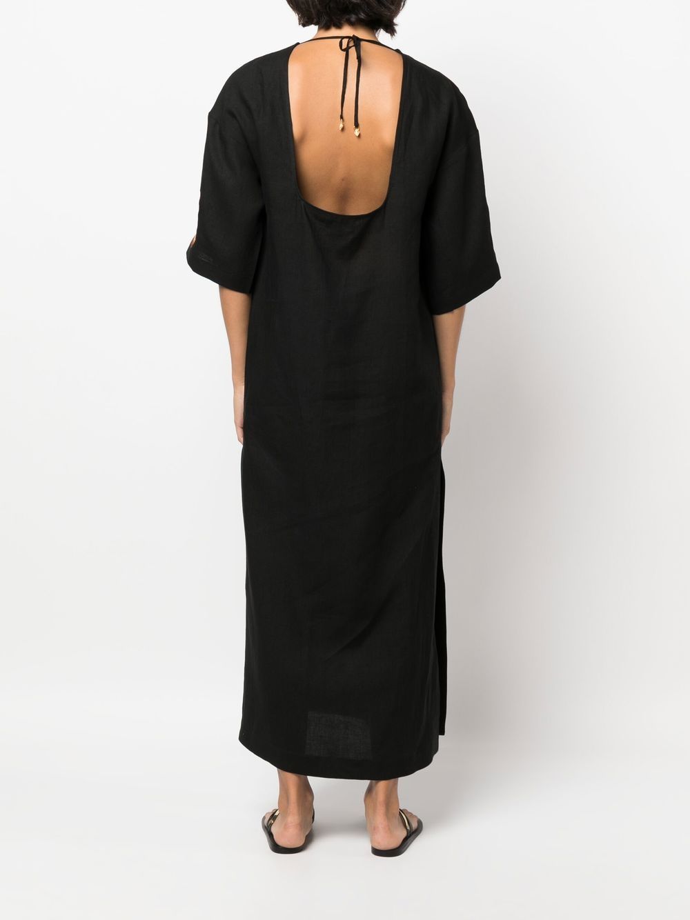 Shop Zeus + Dione Triiris Geometric-embroidered Linen Dress In Black