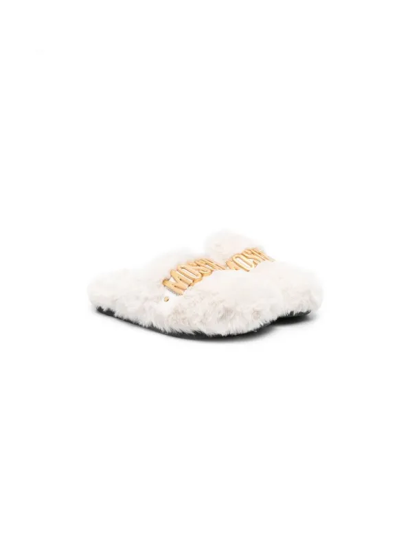 logo plaque faux fur slippers
