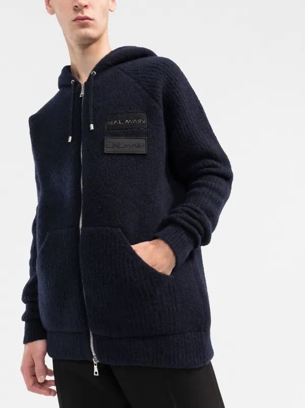 Balmain logo-patches Zipped Hoodie | Blue | FARFETCH CA