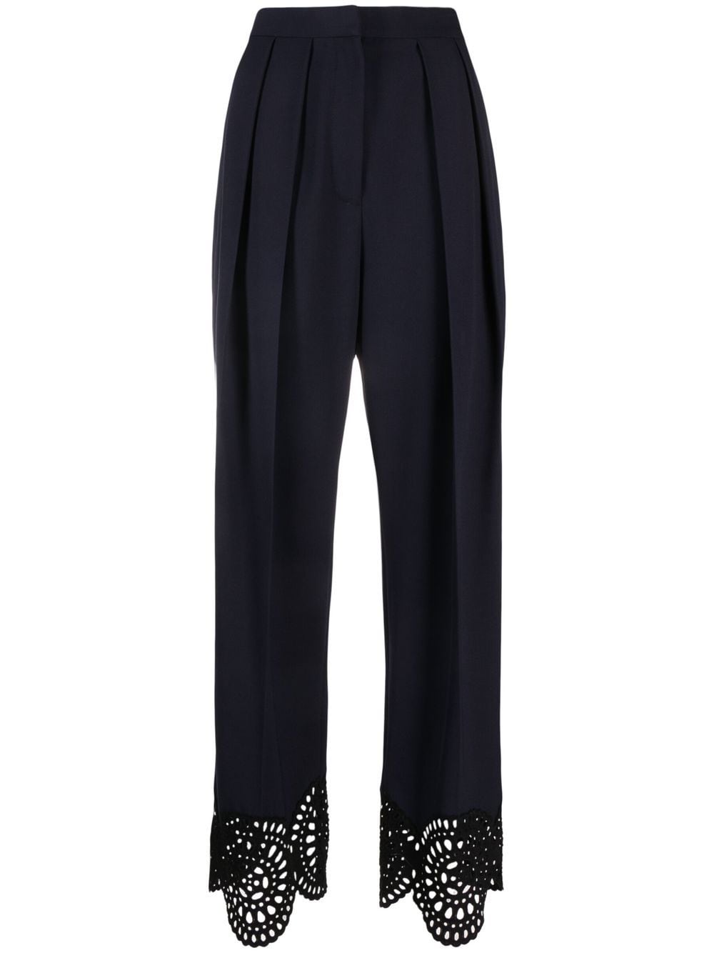 Stella Mccartney Broderie Anglaise-trimmed Pleated Trousers In Blue