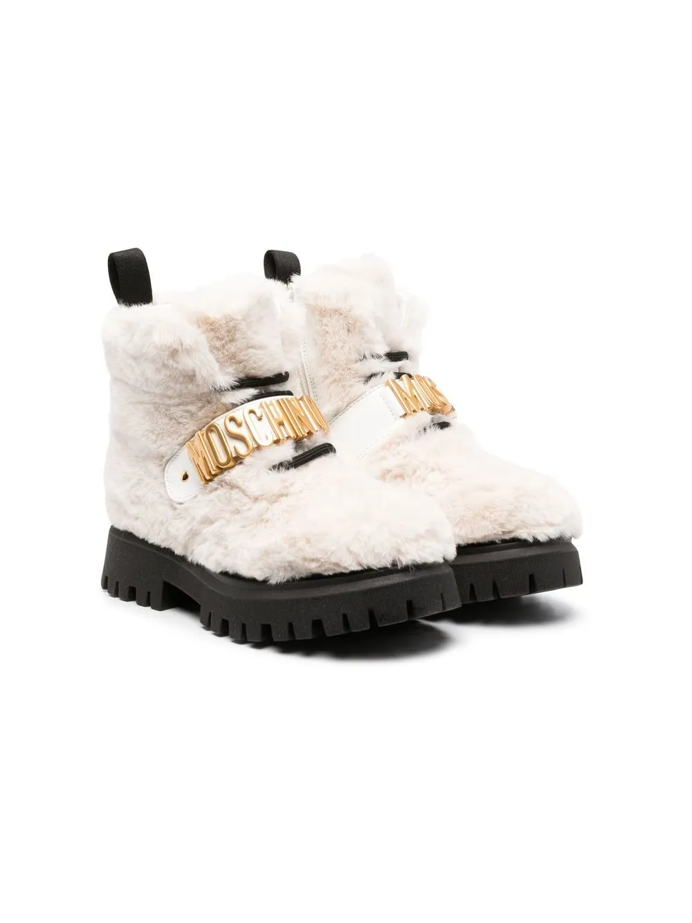 

Moschino Kids logo-plaque faux-fur ankle boots - White