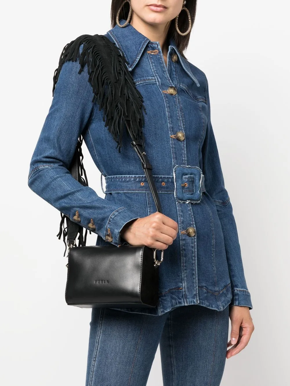 Furla Schoudertas met franje afwerking - Zwart