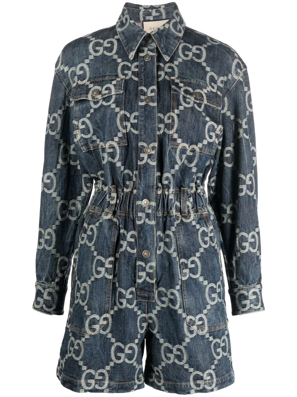 Shop Gucci Jumbo Gg Denim Playsuit In Blue