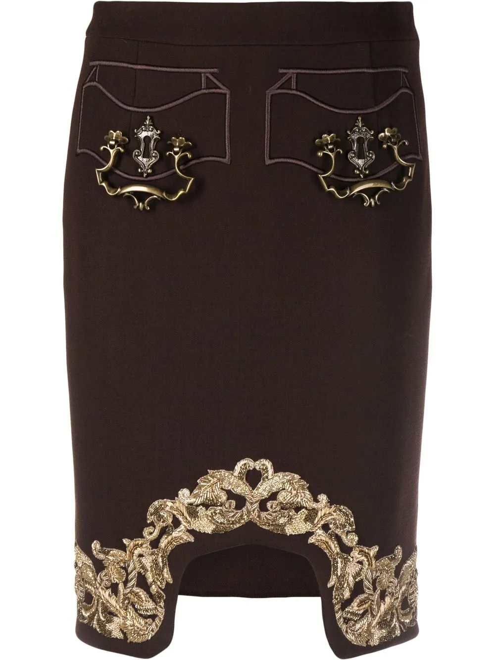 

Moschino brocade-detail curved-hem skirt - Brown