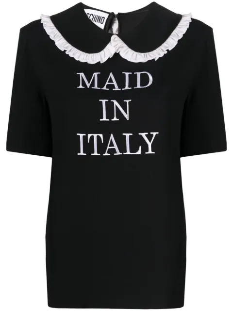 slogan-embroidered frill-collar T-shirt