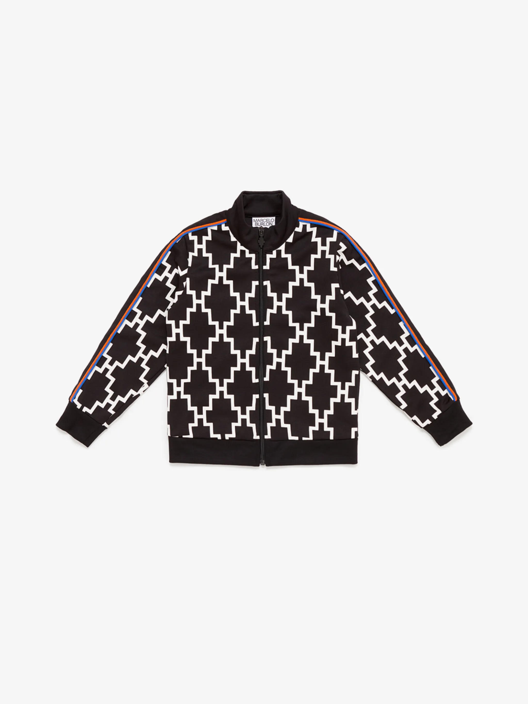 logo-print bomber jacket from Marcelo Burlon Kids featuring black/multicolour, cotton blend, all-over graphic print, side stripe detailing, smocked panel, front zip fastening, long sleeves, ribbed cuffs, two side slit pockets and straight hem.