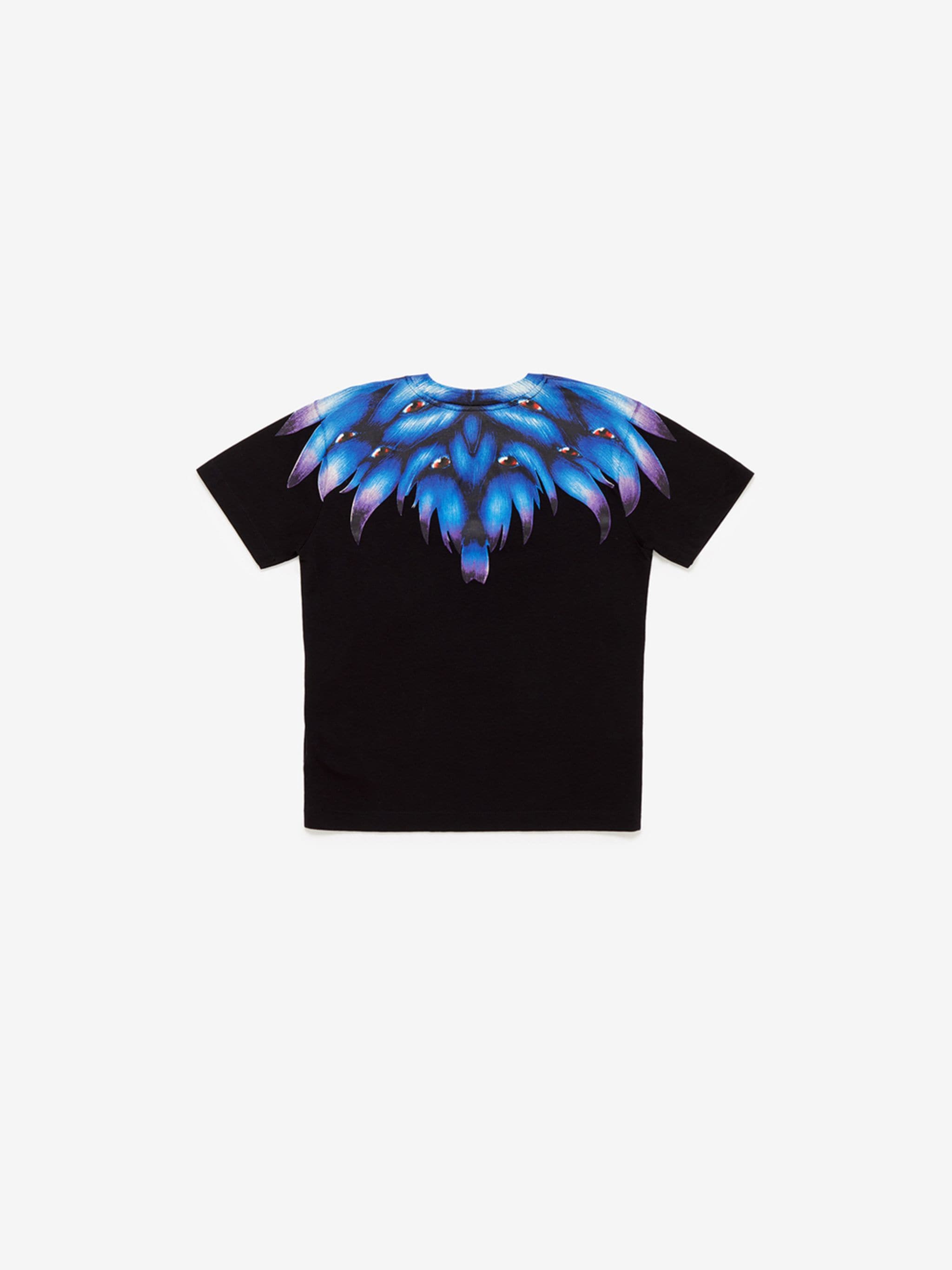 graphic-print cotton T-shirt from Marcelo Burlon Kids featuring black/blue, cotton, all-over graphic print, round neck, short sleeves and straight hem.