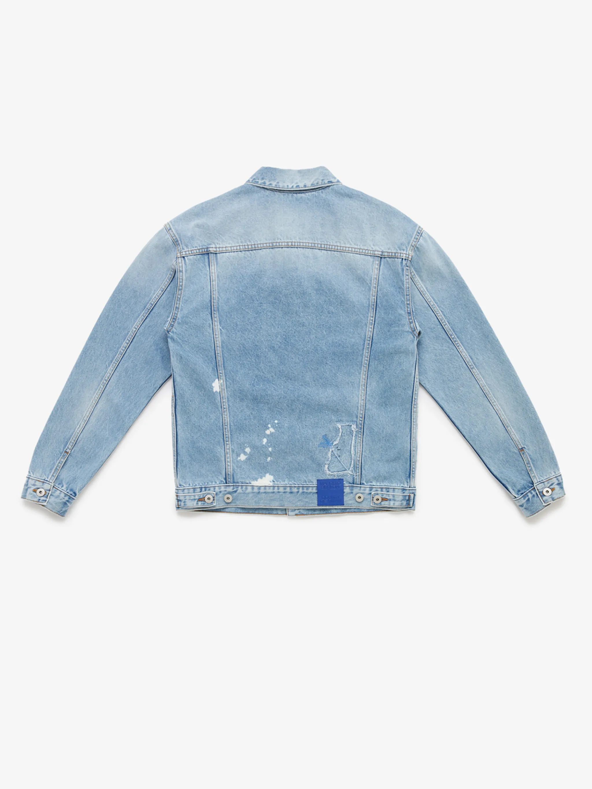 distressed logo-embroidered denim jacket from Marcelo Burlon County of Milan featuring light blue, orange, cotton blend, stonewashed, distressed effect, embroidered logo at the chest, logo patch to the rear, classic collar, front button fastening, long sleeves and straight hem.