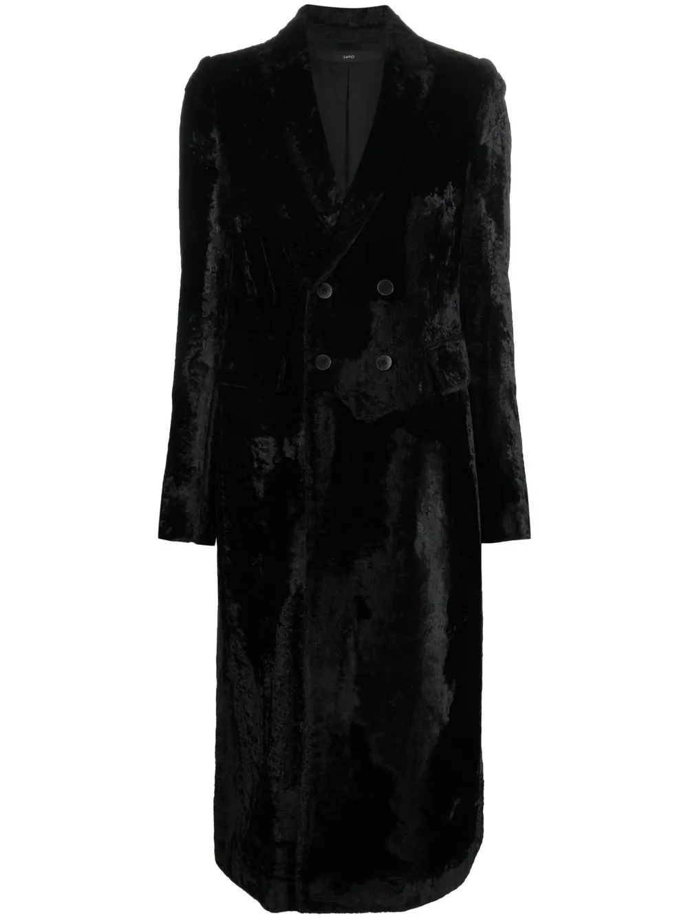 Sapio Double-breasted Velvet-effect Coat In Black