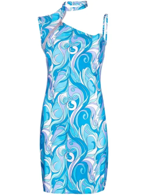 wave-print one-shoulder midi dress