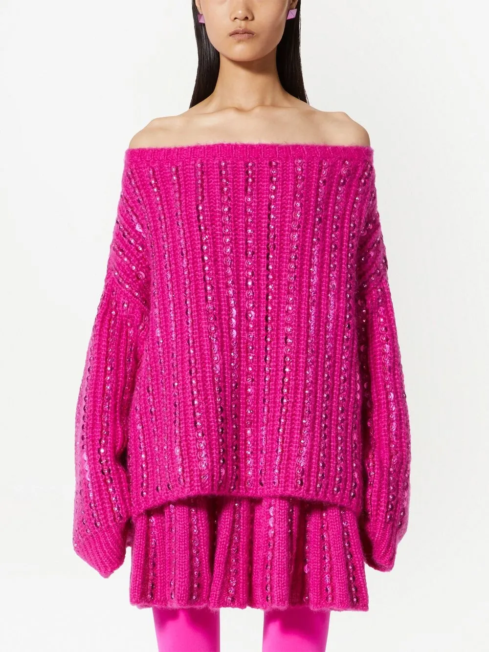 Valentino Embellished Off-the-shoulder Sweater In Pink