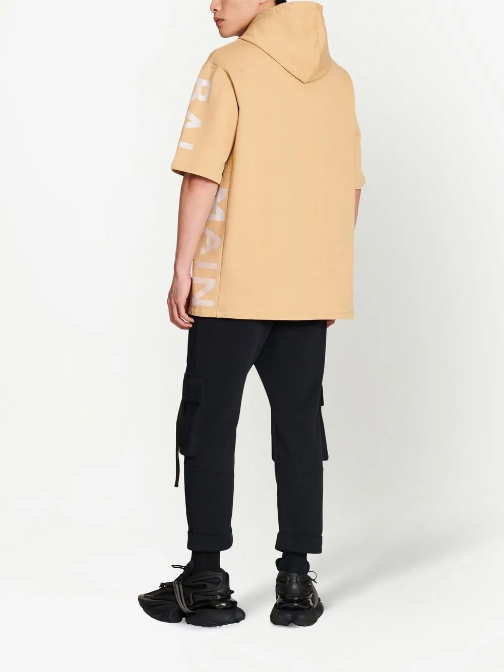 BALMAIN LOGO-PRINT SHORT-SLEEVE HOODIE