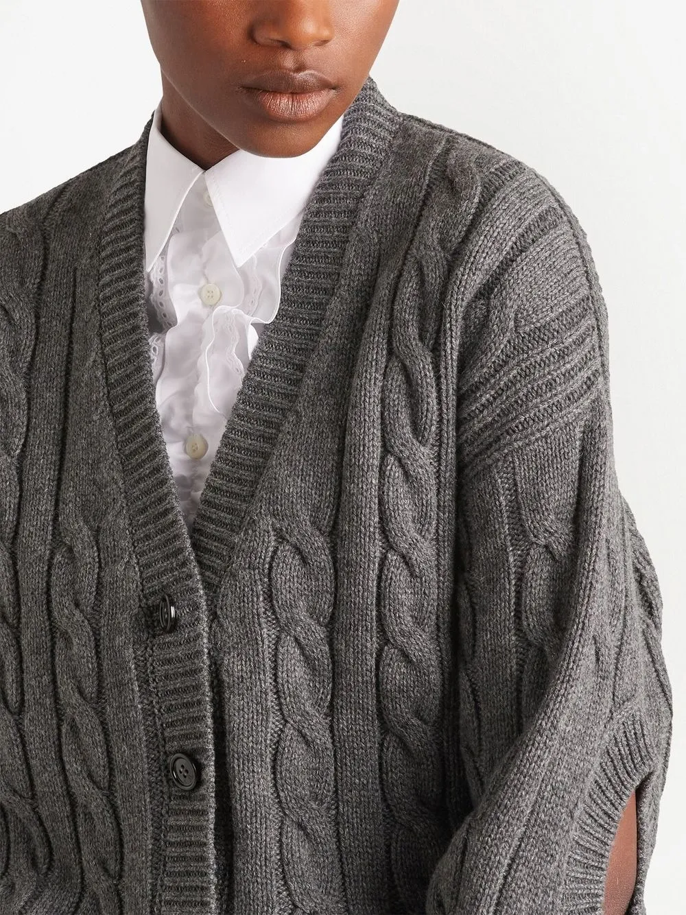 Shop Prada Cable-knit Cashmere Cardigan In Grey