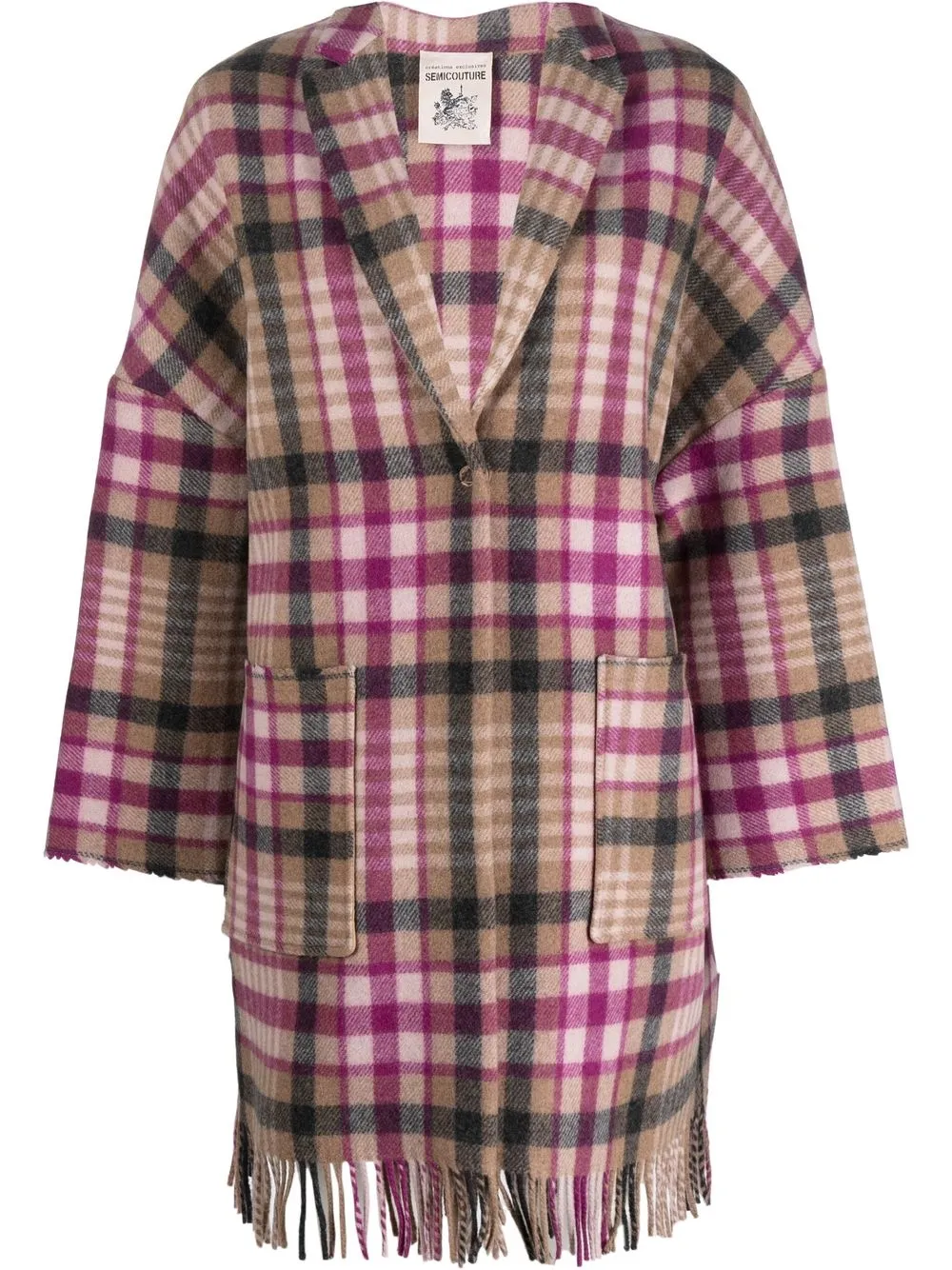 Semicouture Fringed-edge Tartan Coat In Nude