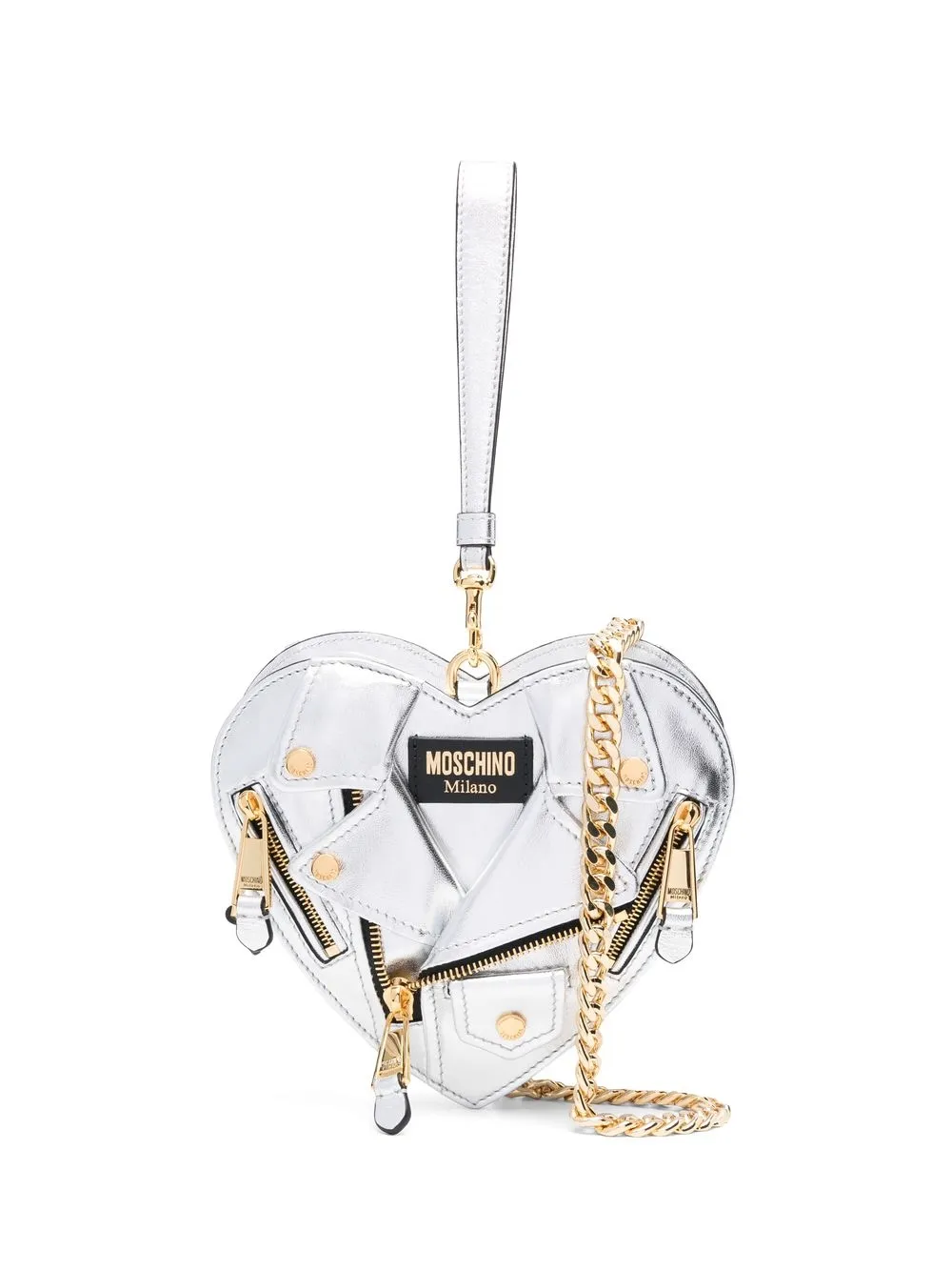 

Moschino bolsa en forma de chamarra biker metalizada - Plateado