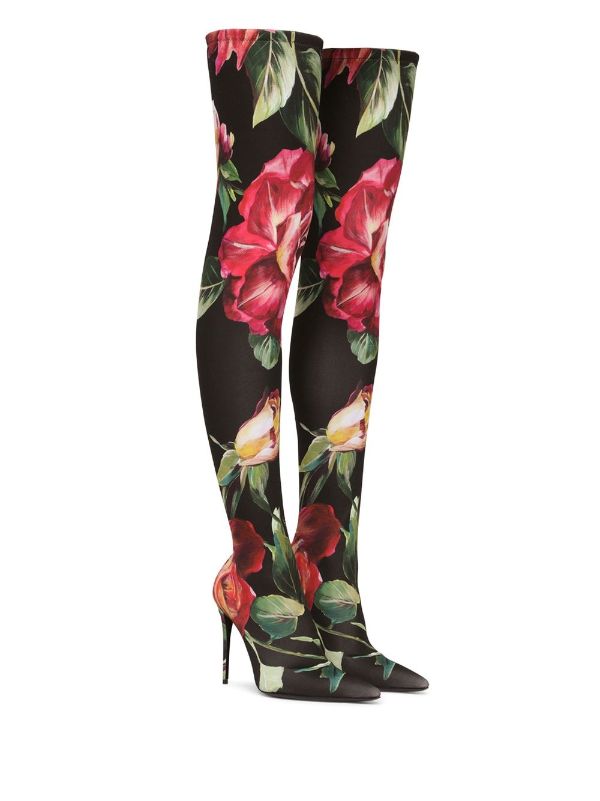 floral print thigh high boots