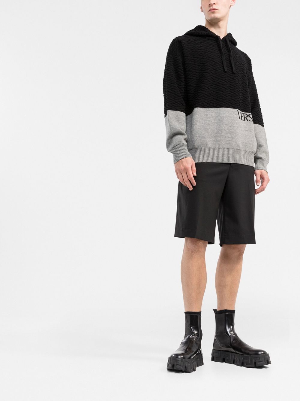 Shop Versace Panelled-knit Pullover Hoodie In Schwarz