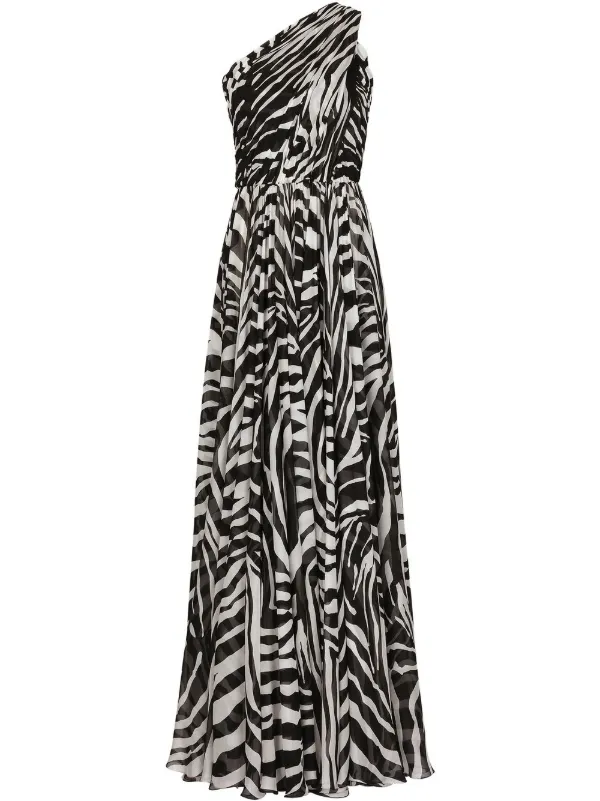 Dolce & Gabbana Zebra-Print One-Shoulder Chiffon Gown