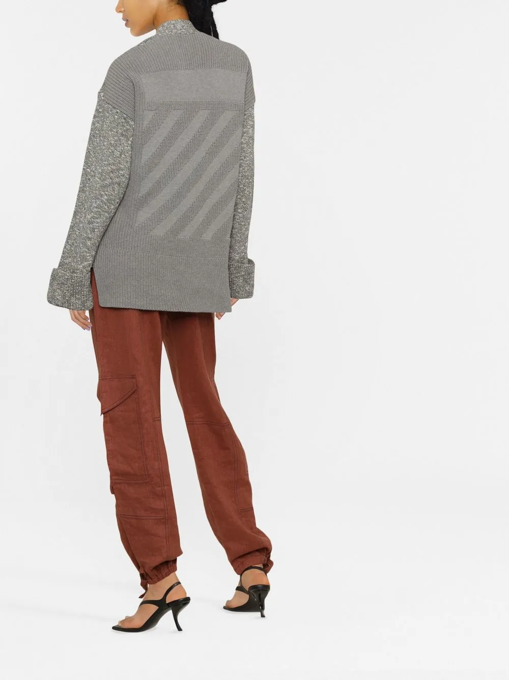  Off-white Diag-stripe Mélange-effect Cardigan - Grey 