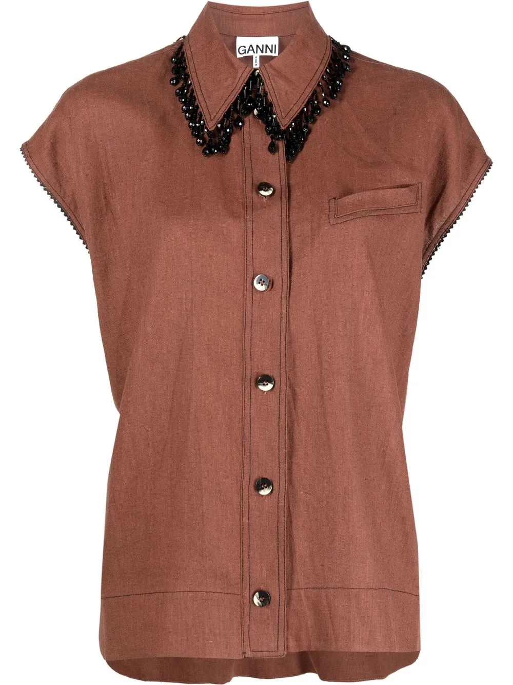 

GANNI crystal-collar sleeveless hemp shirt - Brown