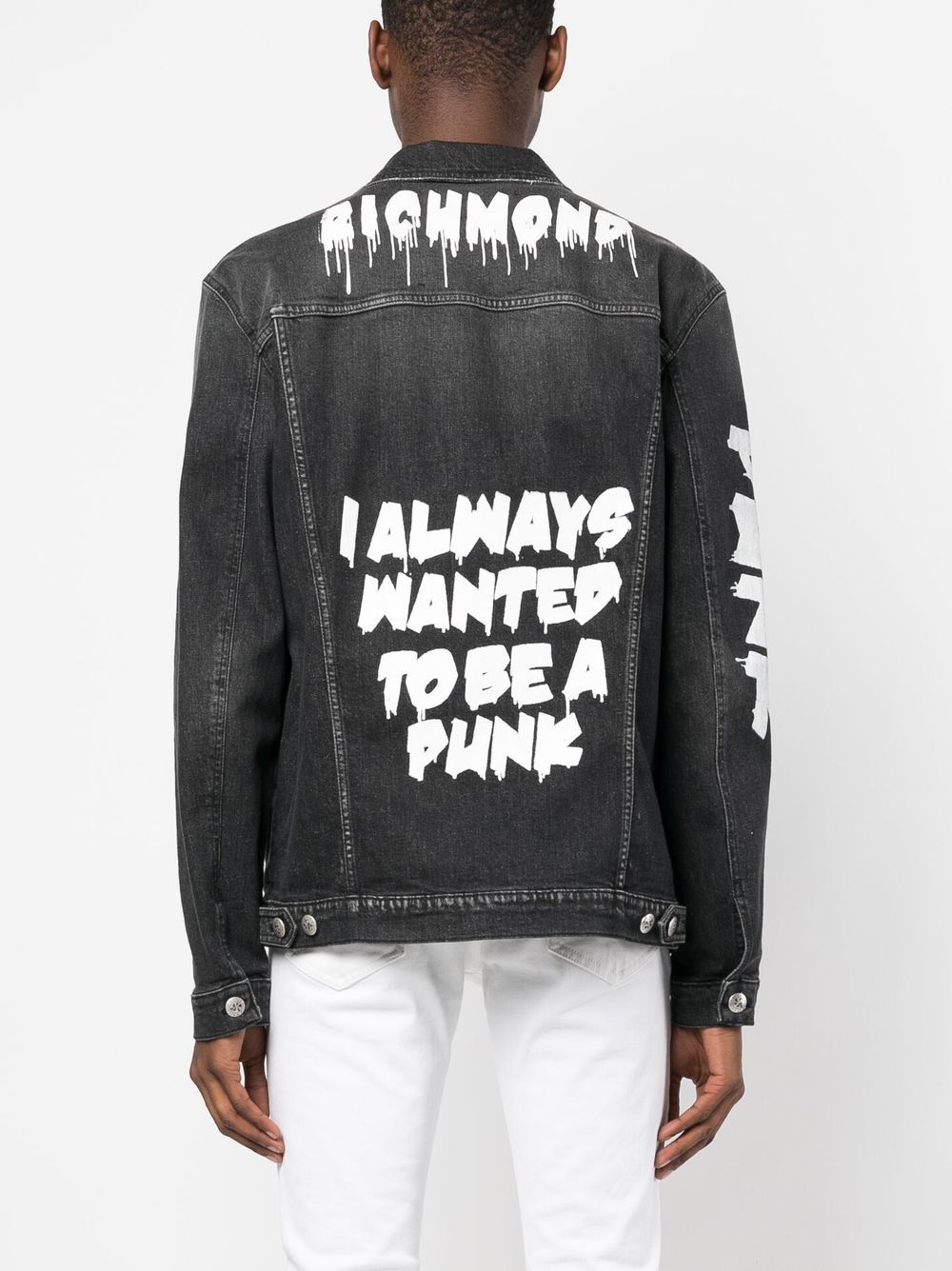 Shop John Richmond Punk Rock Printed Denim Jacket In Black