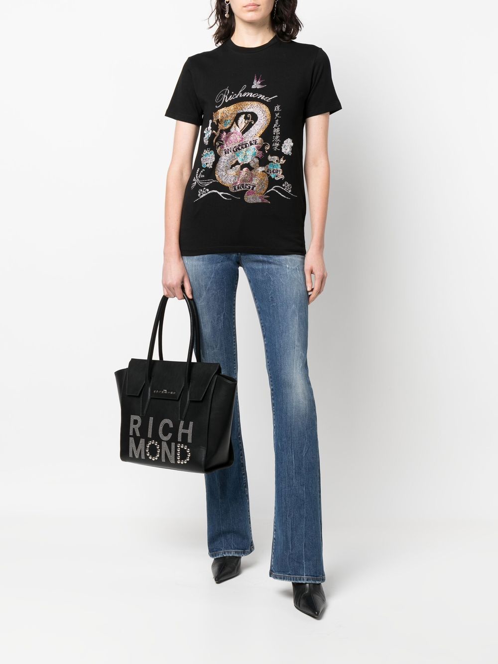 John Richmond T-shirt verfraaid met kristallen - Zwart