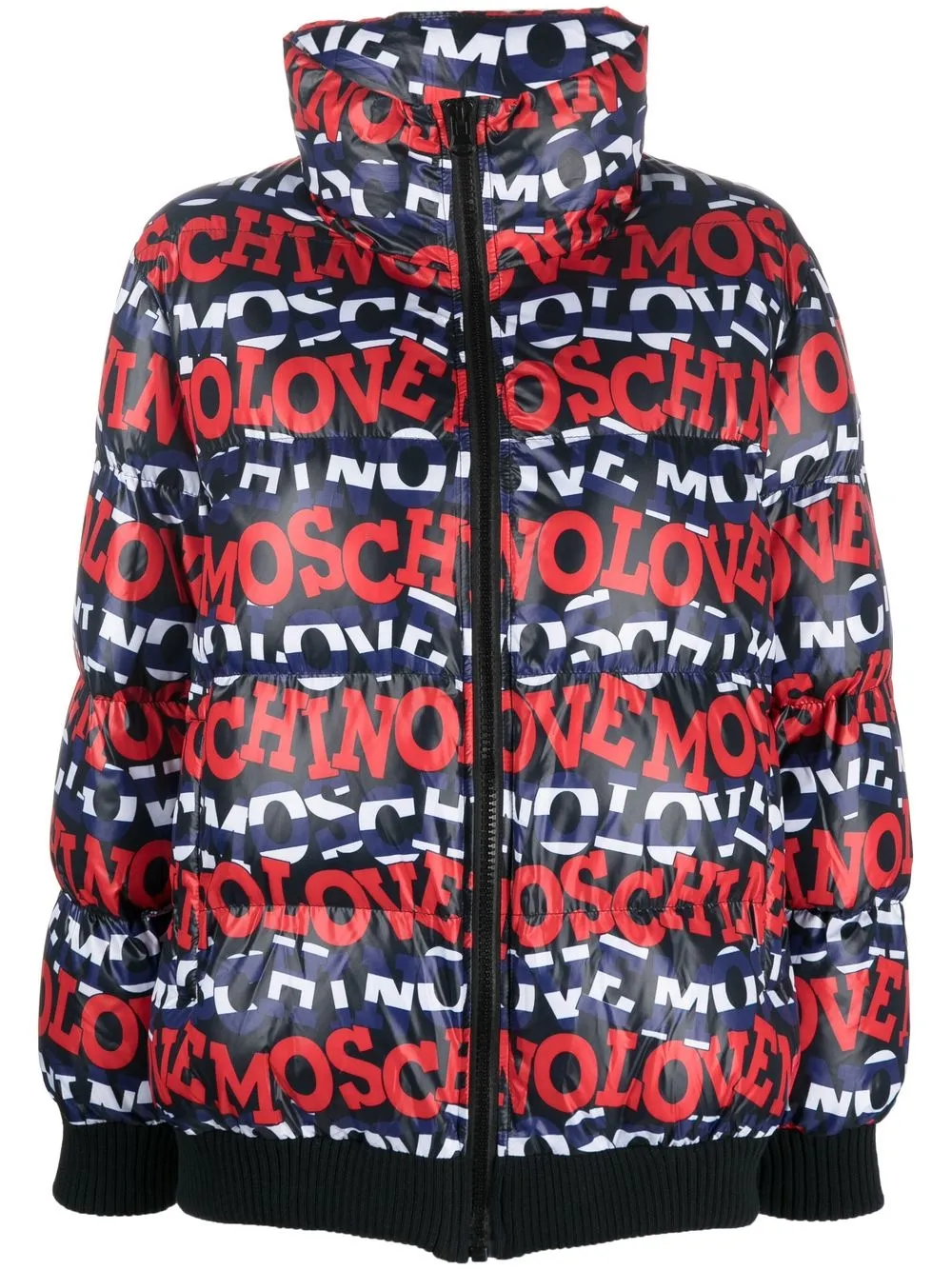 Love moschino printed logo puffer jacket hotsell