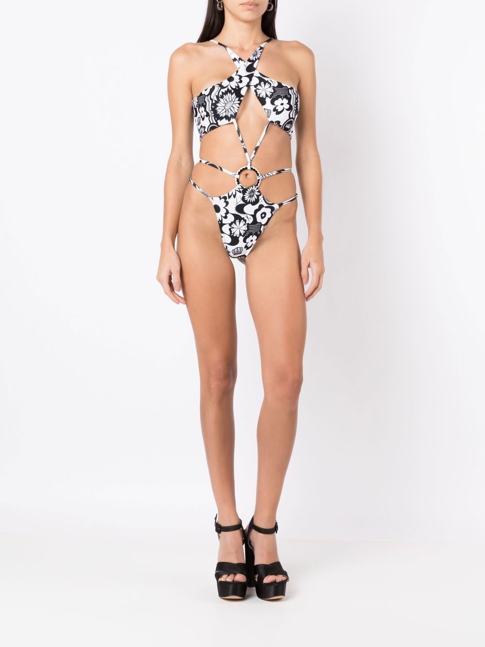 Shop Amir Slama Floral-print Crossover Swimsuit In Multicolour