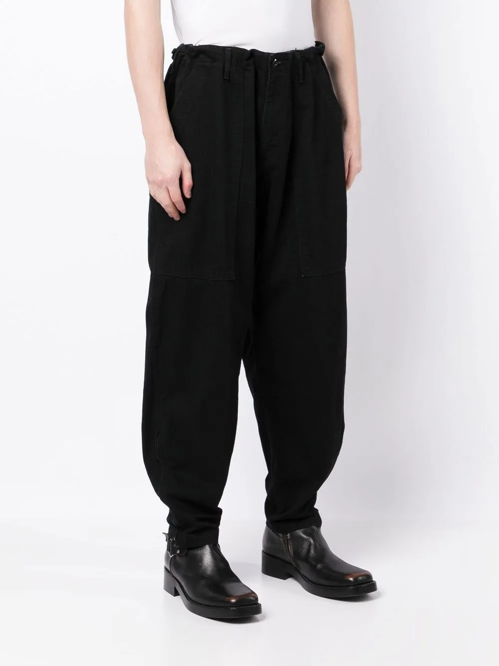 Shop Yohji Yamamoto Mid-rise Wide-leg Cotton Trousers In Black