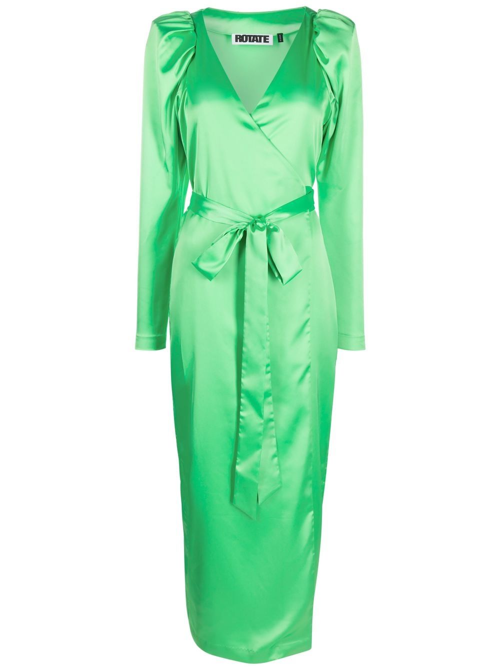 long-sleeve satin wrap dress