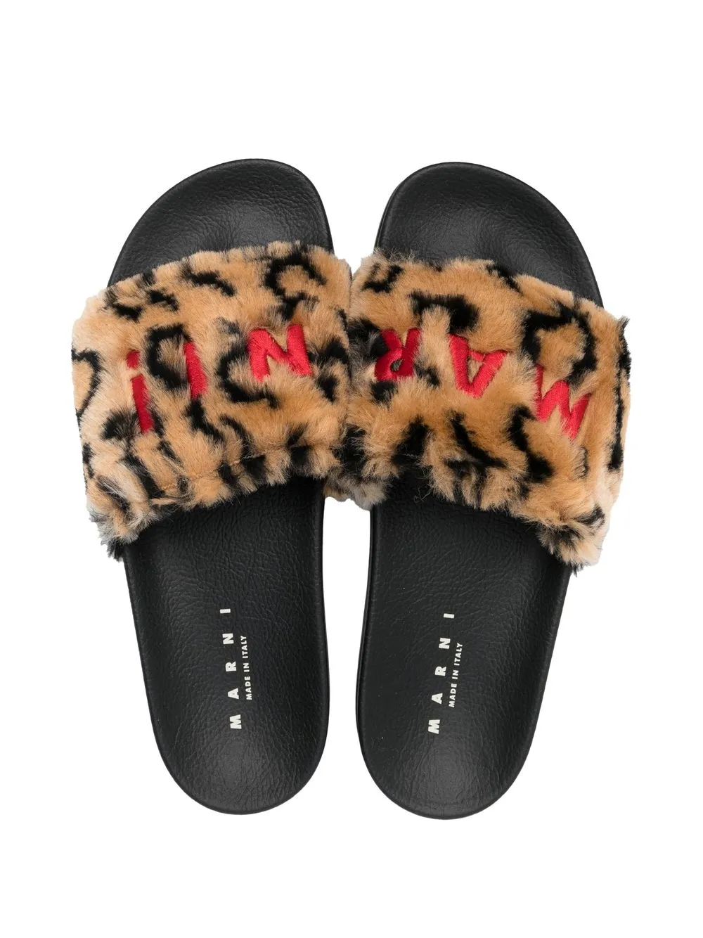 Marni Logo-embroidered Leopard-print Faux Fur Slides In Neutrals