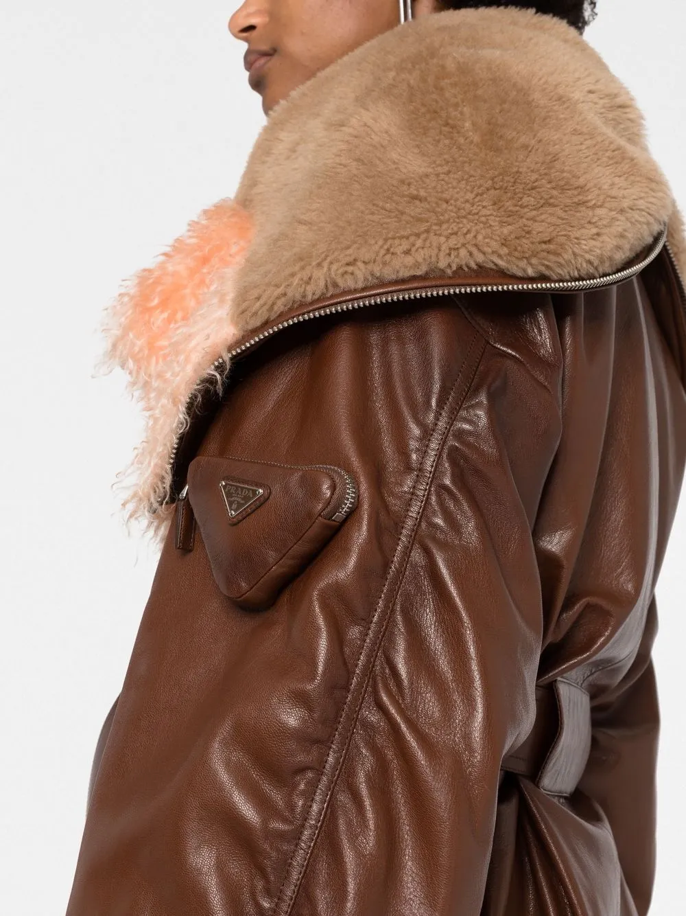  Prada Lederjacke Mit Shearling Besatz   Braun 