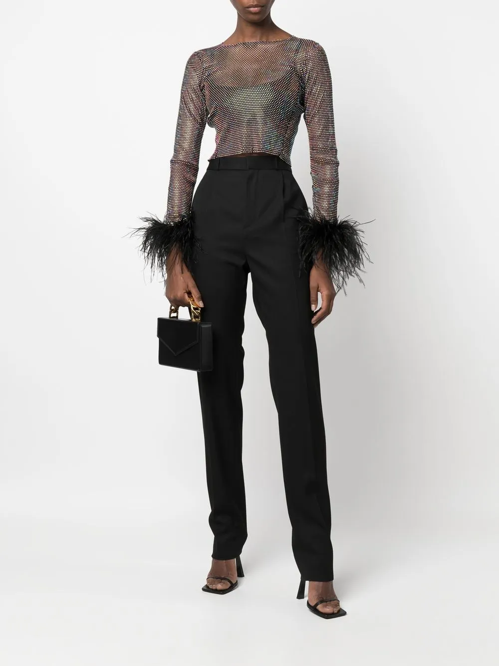 rhinestone-embellished feather crop top