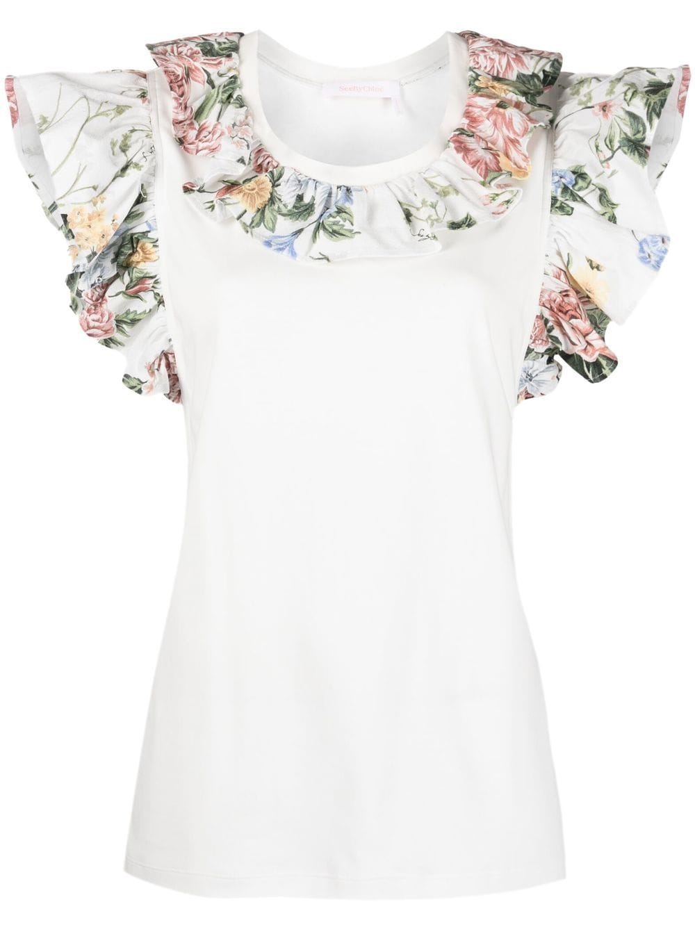 Shop See By Chloé Cotton Floral-trim T-shirt In White
