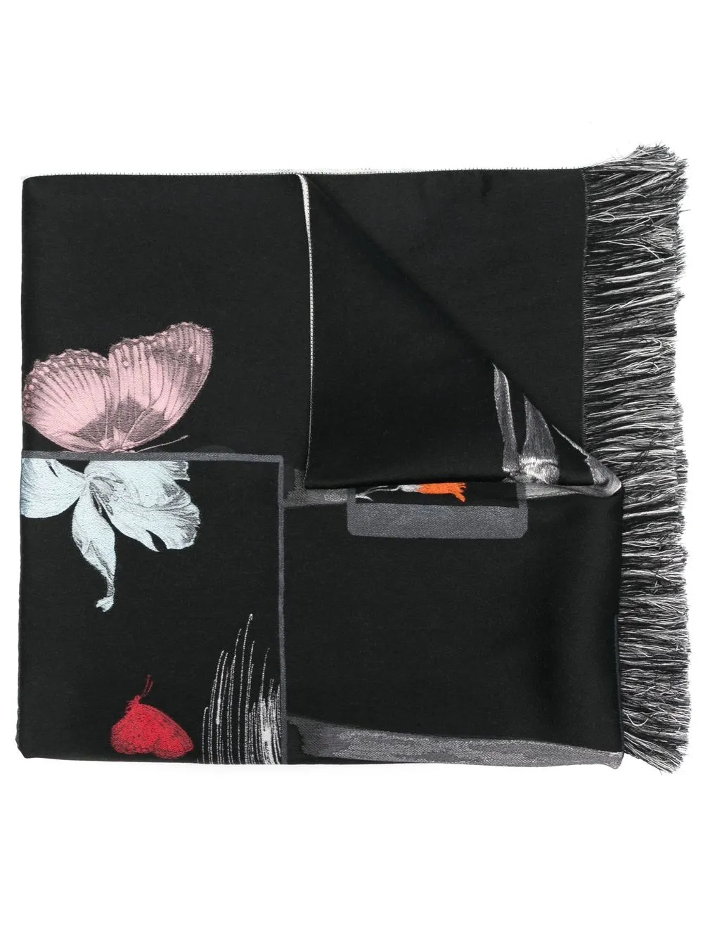 

Alexander McQueen embroidered-logo fringed scarf - Black