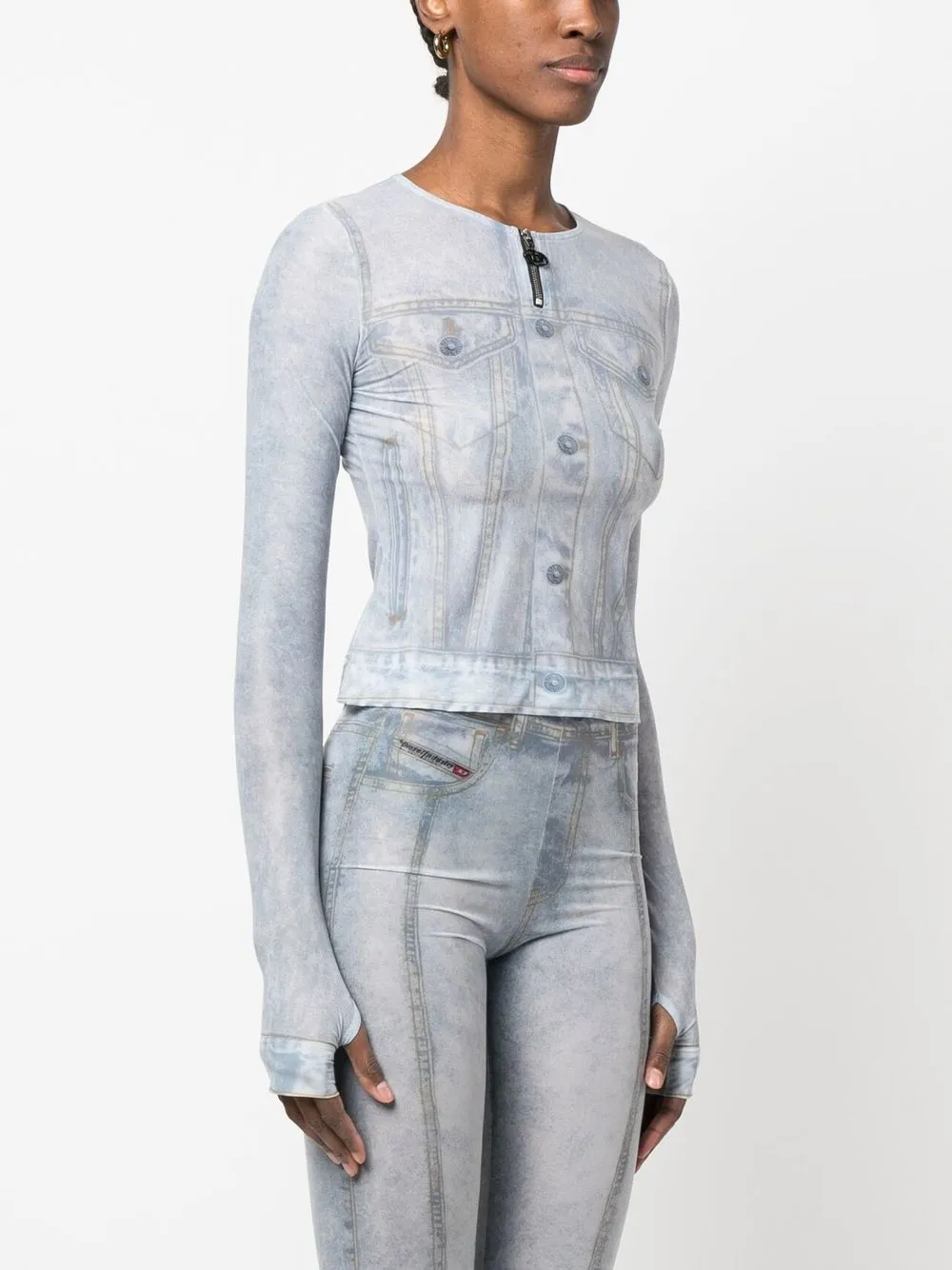 Shop Diesel Denim-print Second-skin Top In Blue