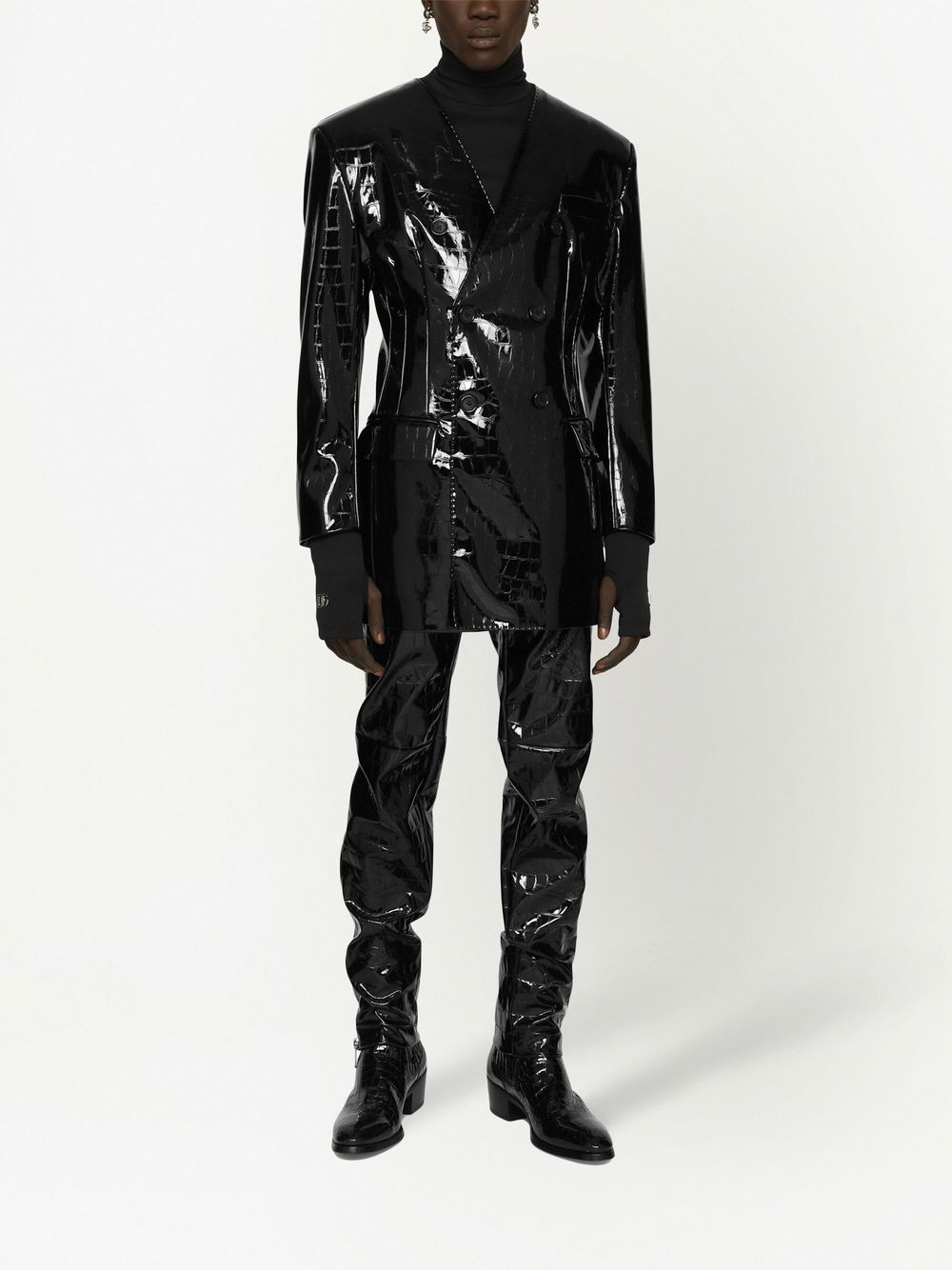 Shop Dolce & Gabbana Crocodile-embossed Slim-cut Trousers In Black
