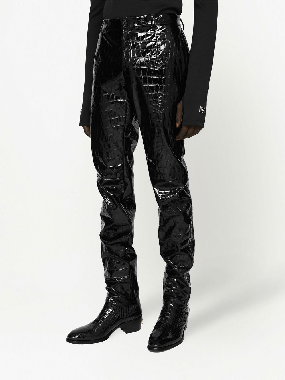 Shop Dolce & Gabbana Crocodile-embossed Slim-cut Trousers In Black