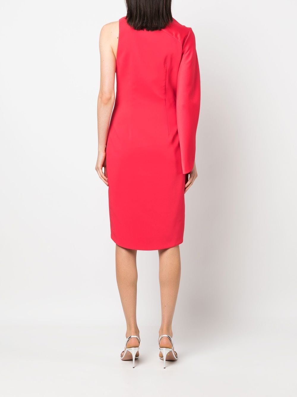 Shop Genny Asymmetric Sleeve Fitted Dress In Red