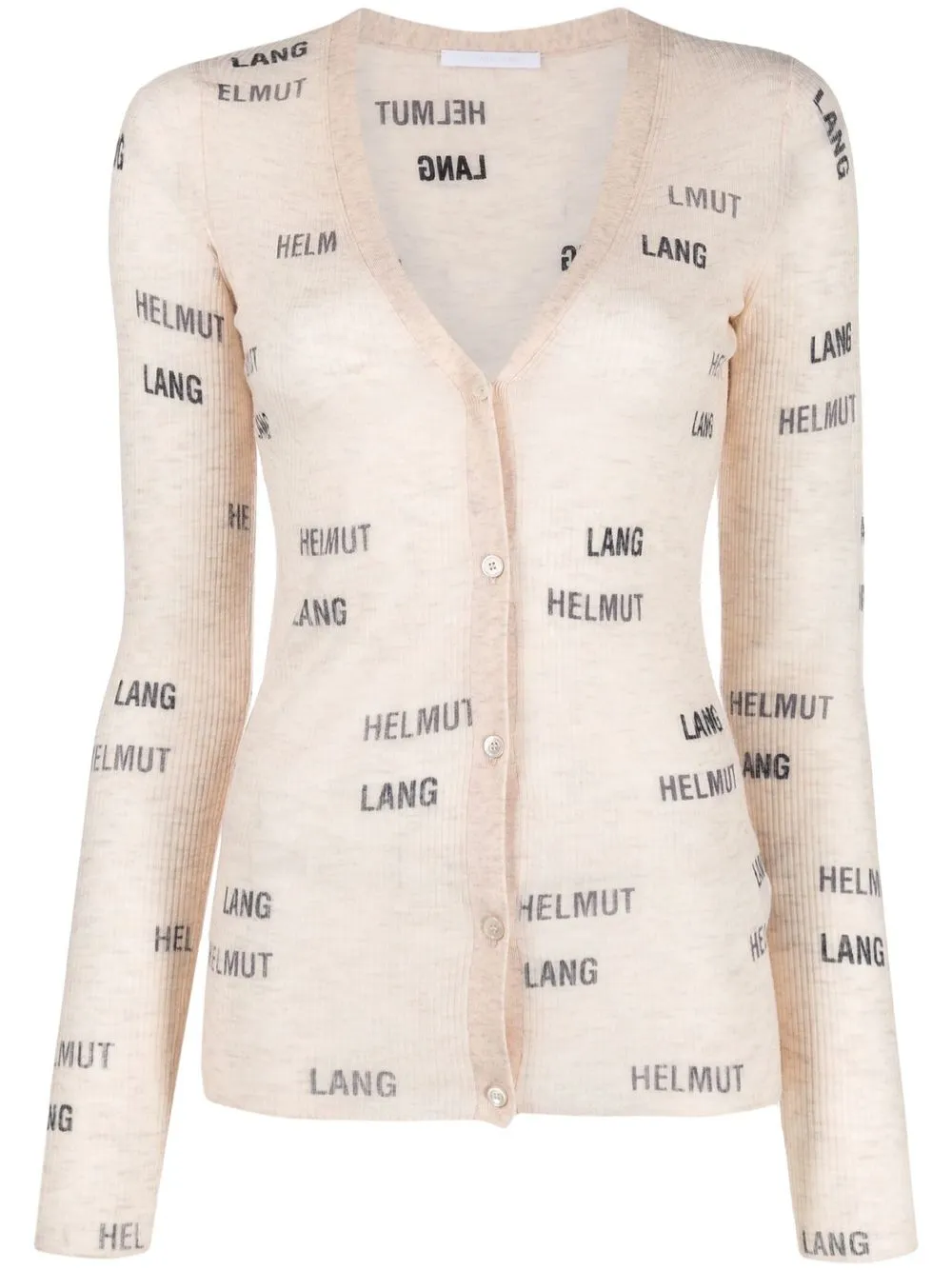Helmut Lang Semi-sheer Logo-print Wool-knit Cardigan In Nude