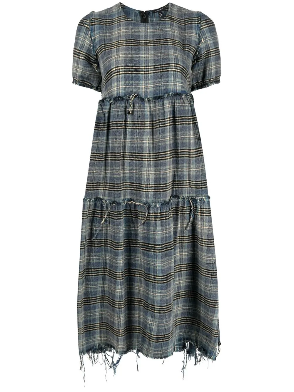 

R13 check-pattern tiered raw-edge midi dress - Blue