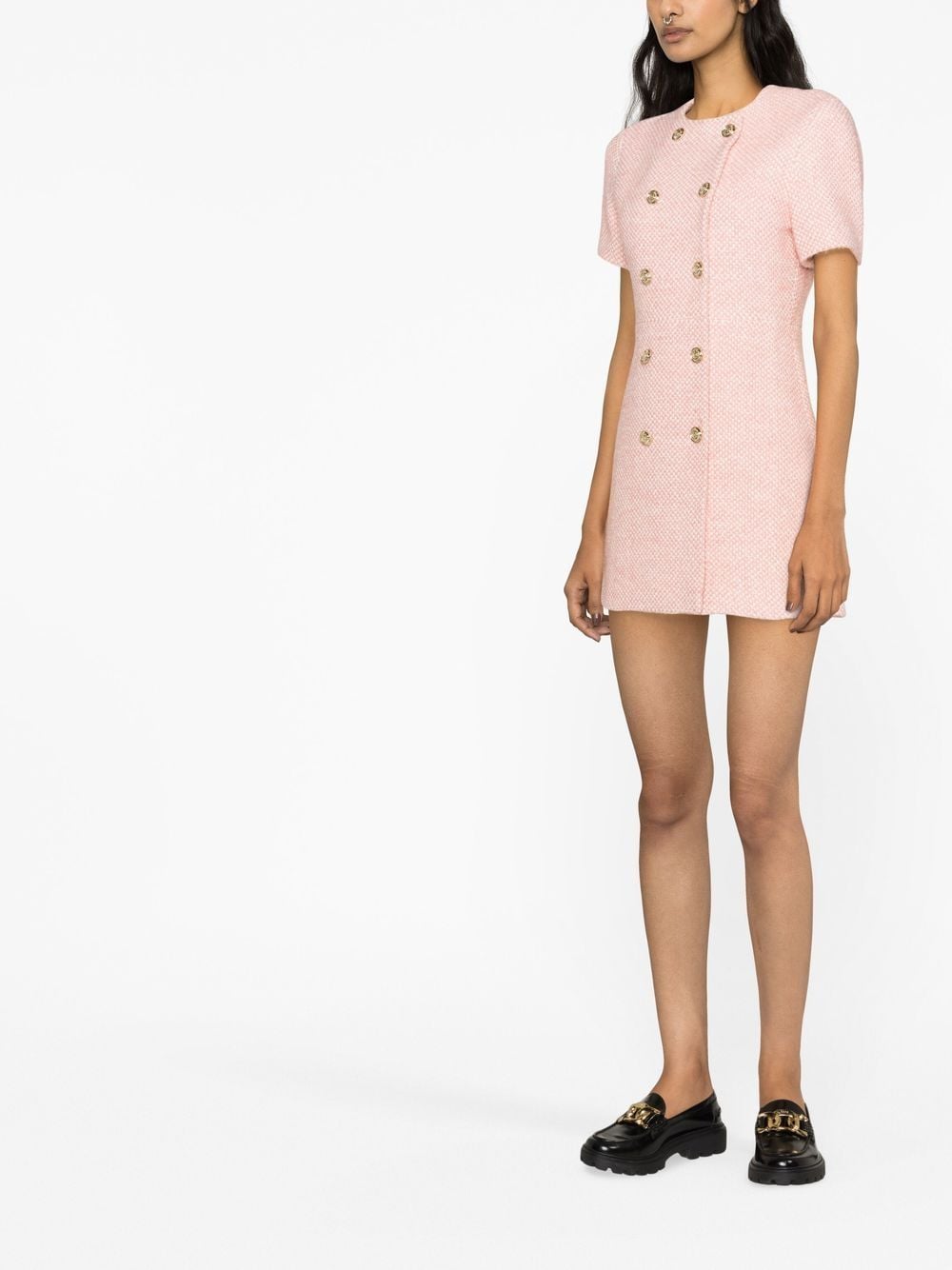 Smart Pink Button Up Tweed Dress - All Dresses