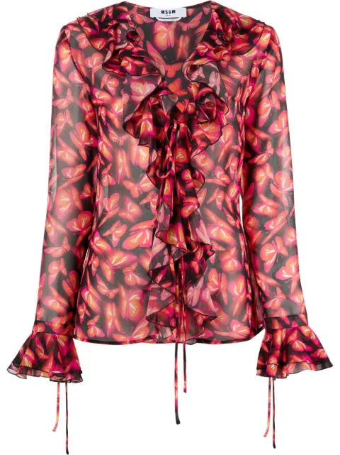 MSGM graphic-print ruffle-detail blouse